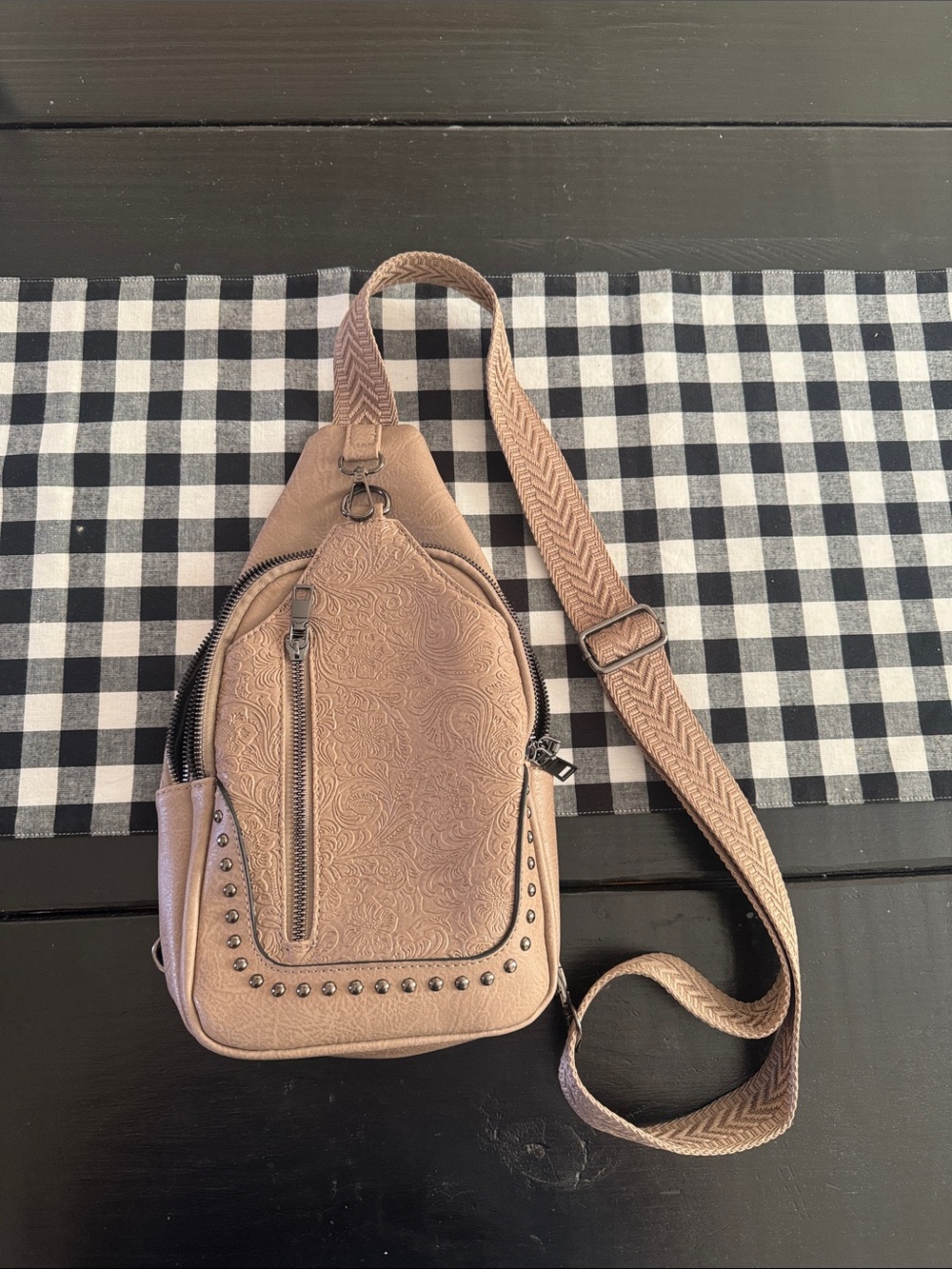 Embossed Tan Crossbody Sling Bag with Stud Detail